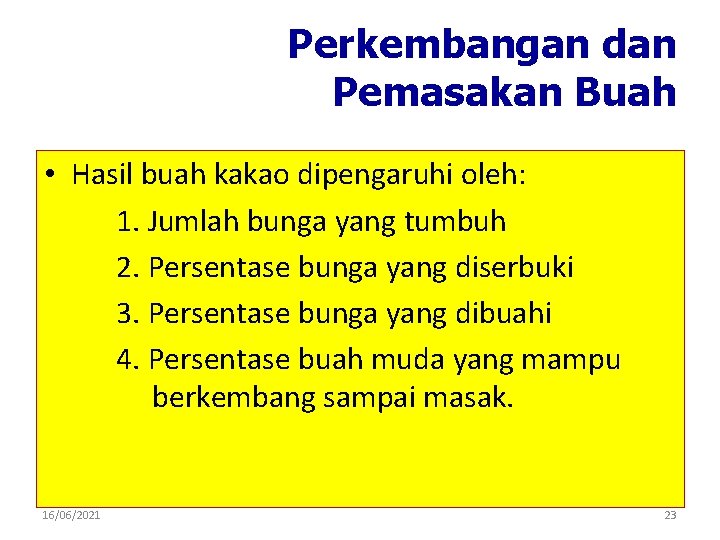 Perkembangan dan Pemasakan Buah • Hasil buah kakao dipengaruhi oleh: 1. Jumlah bunga yang