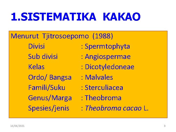 1. SISTEMATIKA KAKAO Menurut Tjitrosoepomo (1988) Divisi : Spermtophyta Sub divisi : Angiospermae Kelas