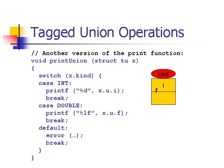 Tagged Union Operations // Another version of the print function: void print. Union (struct