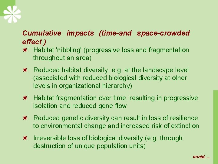 Cumulative impacts (time-and space-crowded effect ) Habitat 'nibbling' (progressive loss and fragmentation throughout an