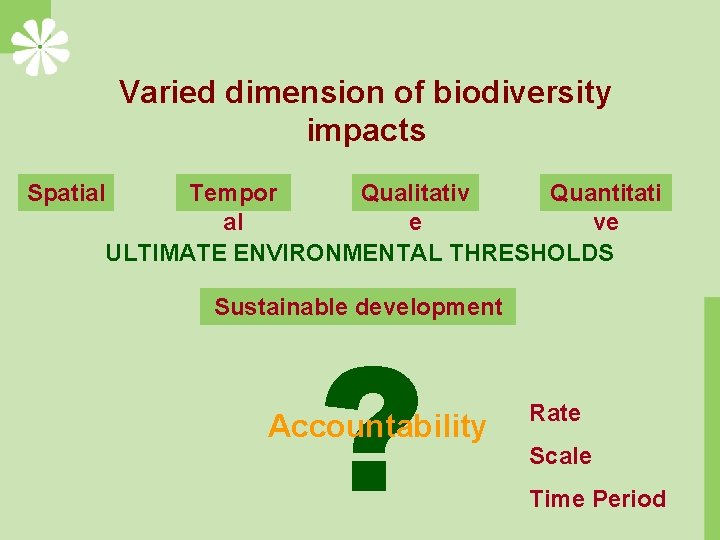 Varied dimension of biodiversity impacts Spatial Tempor Qualitativ Quantitati al e ve ULTIMATE ENVIRONMENTAL