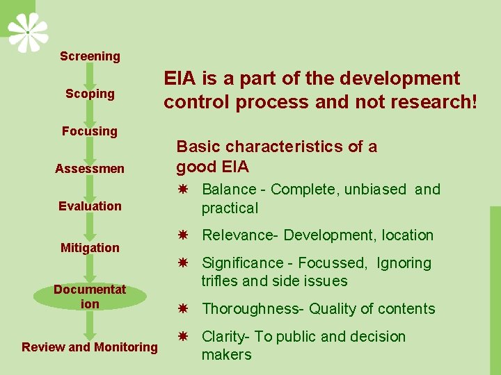 Screening Scoping Focusing Assessmen t Evaluation Mitigation Documentat ion Review and Monitoring EIA is