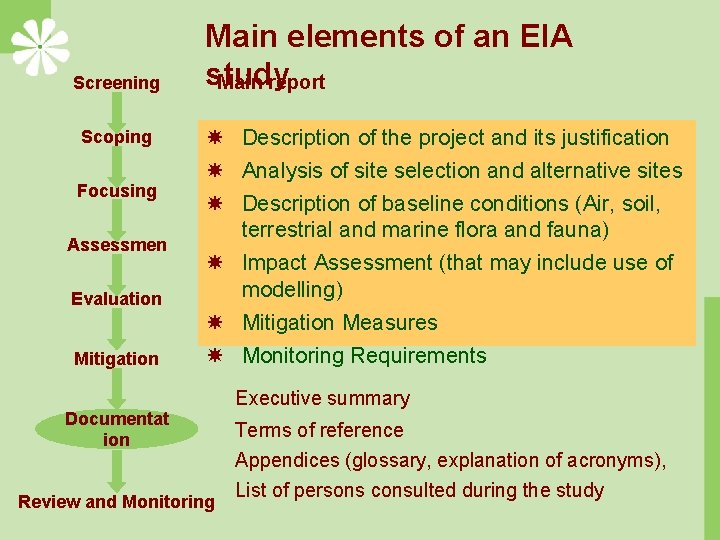 Screening Scoping Focusing Assessmen t Evaluation Mitigation Main elements of an EIA study Main