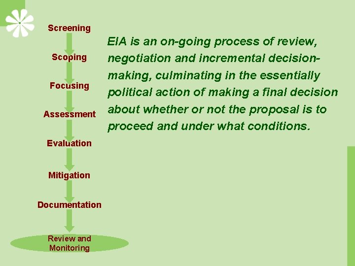 Screening Scoping Focusing Assessment Evaluation Mitigation Documentation Review and Monitoring EIA is an on-going