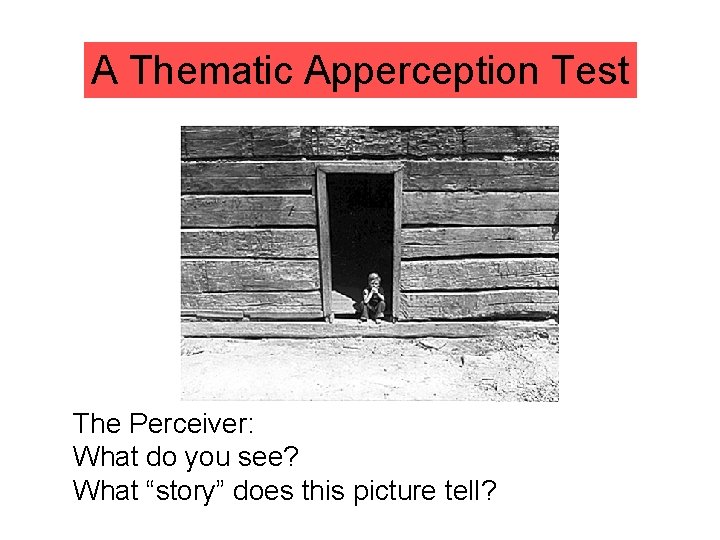 A Thematic Apperception Test The Perceiver: What do you see? What “story” does this