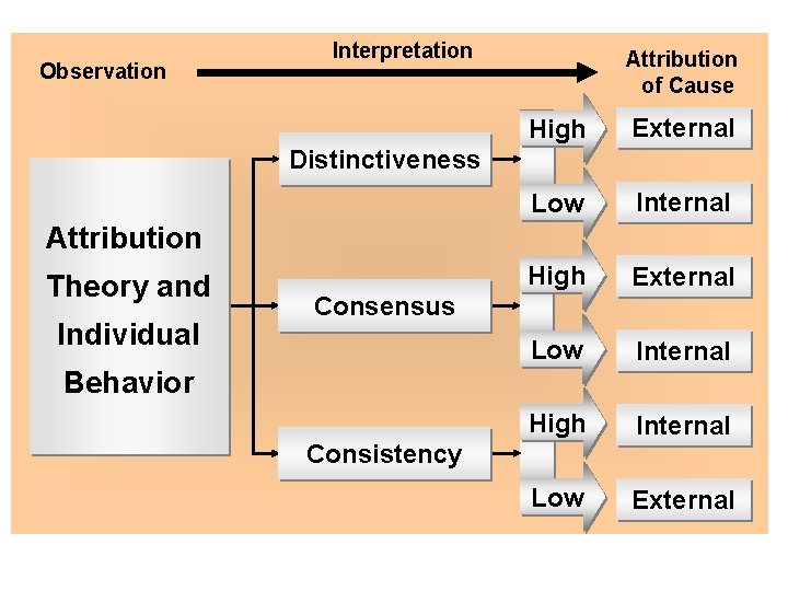 Observation Interpretation Attribution of Cause High External Low Internal High Internal Low External Distinctiveness