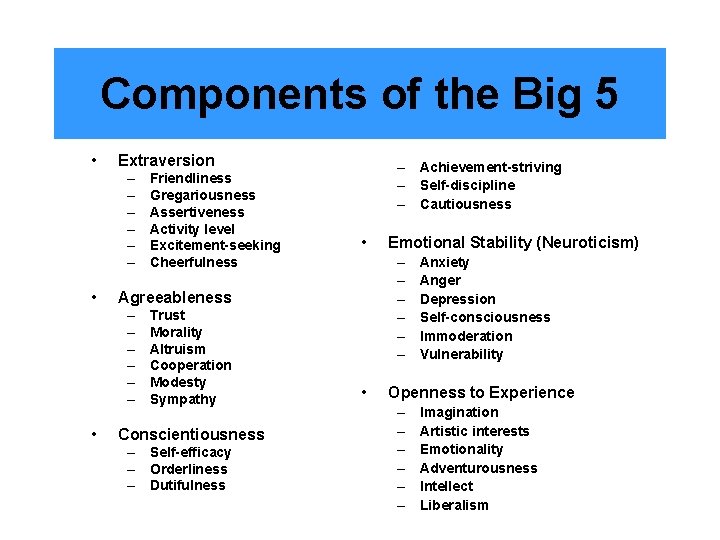 Components of the Big 5 • Extraversion – – – • – Achievement-striving –