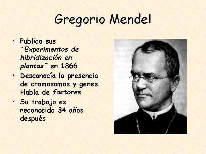 Gregorio Mendel • Publica sus ¨Experimentos de hibridización en plantas¨ en 1866 • Desconocía