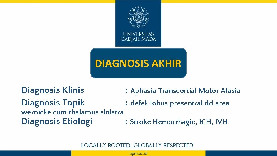 DIAGNOSIS AKHIR Diagnosis Klinis Diagnosis Topik wernicke cum thalamus sinistra Diagnosis Etiologi : Aphasia