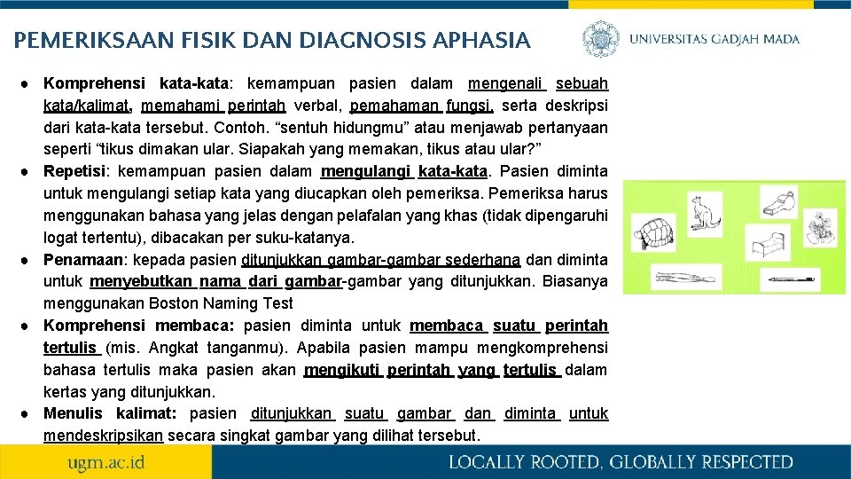 PEMERIKSAAN FISIK DAN DIAGNOSIS APHASIA ● Komprehensi kata-kata: kemampuan pasien dalam mengenali sebuah kata/kalimat,