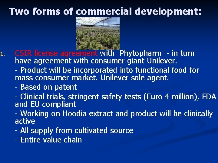 Two forms of commercial development: 1. CSIR license agreement with Phytopharm - in turn