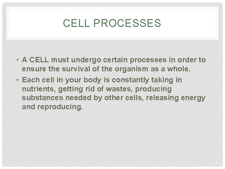 CELL PROCESSES • A CELL must undergo certain processes in order to ensure the