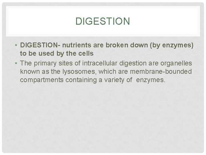 DIGESTION • DIGESTION- nutrients are broken down (by enzymes) to be used by the