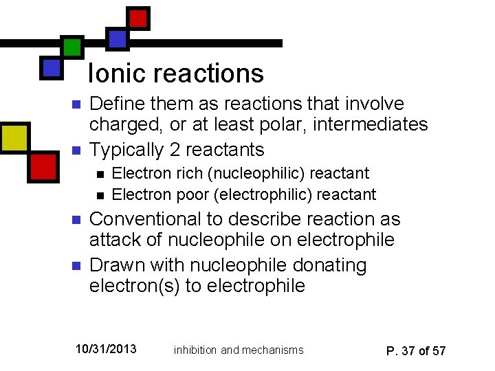 Ionic reactions n n Define them as reactions that involve charged, or at least