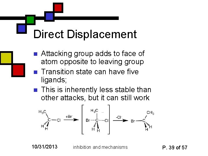 Direct Displacement n n n Attacking group adds to face of atom opposite to