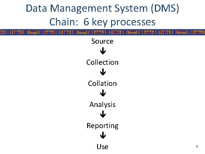 Data Management System (DMS) Chain: 6 key processes Source Collection Collation Analysis Reporting Use