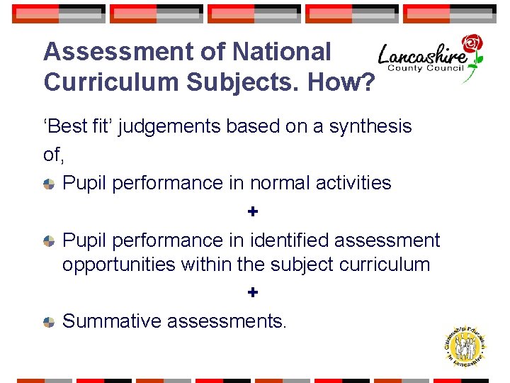 Assessment of National Curriculum Subjects. How? ‘Best fit’ judgements based on a synthesis of,