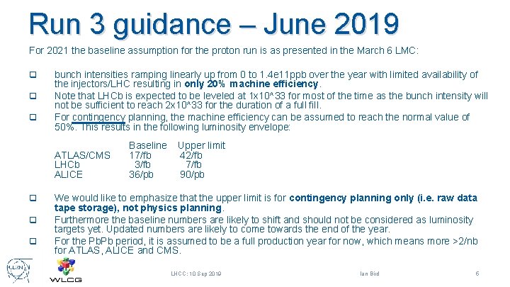 Run 3 guidance – June 2019 For 2021 the baseline assumption for the proton