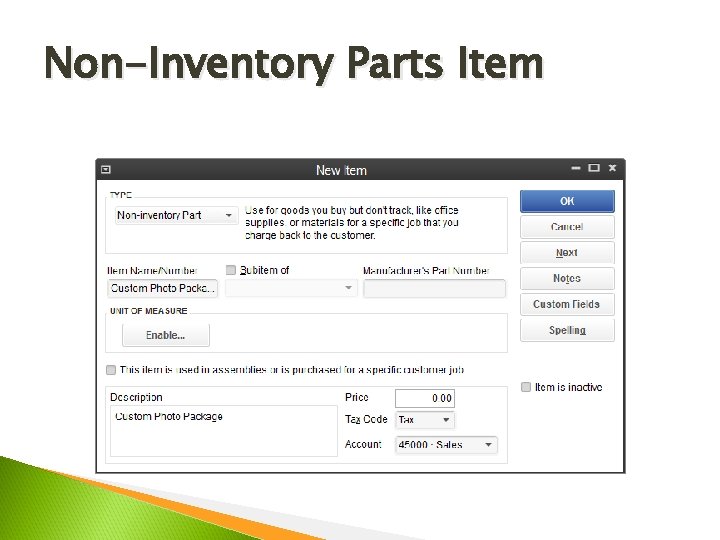 Non-Inventory Parts Item 