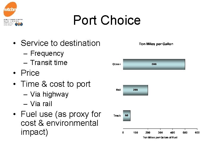 Port Choice • Service to destination – Frequency – Transit time • Price •