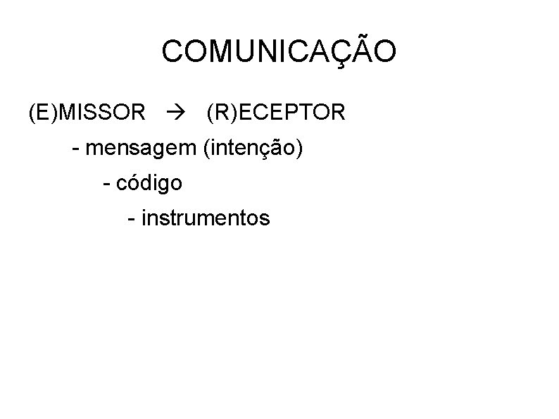 COMUNICAÇÃO (E)MISSOR (R)ECEPTOR - mensagem (intenção) - código - instrumentos 