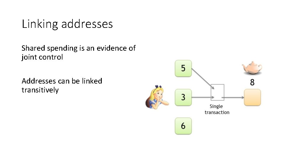 Linking addresses Shared spending is an evidence of joint control Addresses can be linked