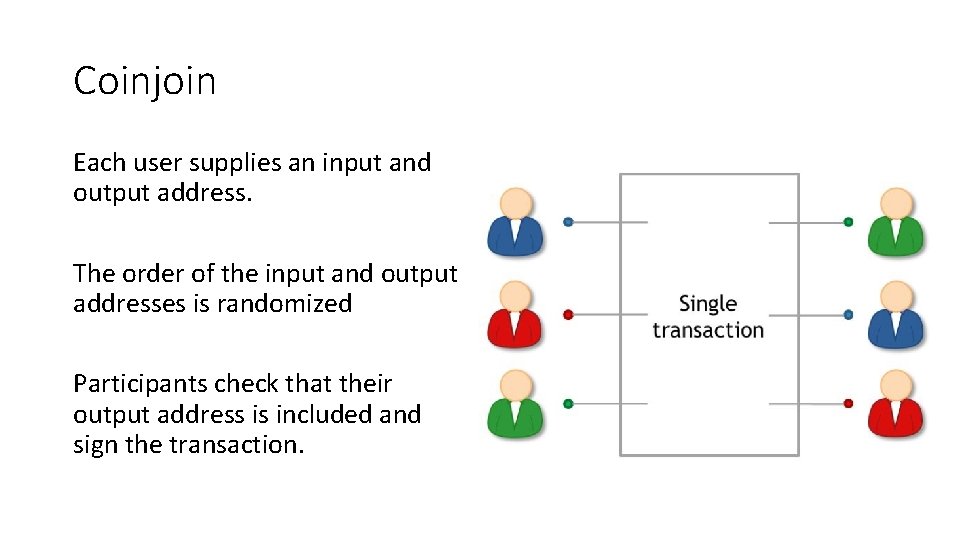 Coinjoin Each user supplies an input and output address. The order of the input