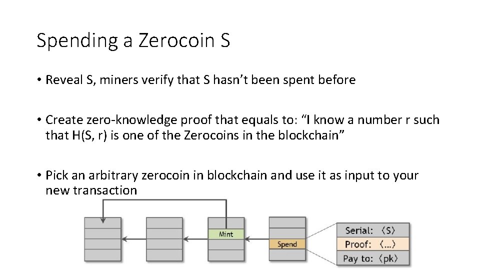 Spending a Zerocoin S • Reveal S, miners verify that S hasn’t been spent