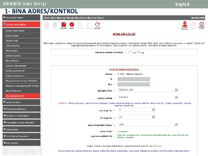 MEBBİS Veri Girişi 1 - BİNA ADRES/KONTROL Sayfa 6 