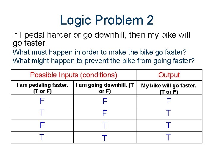 Logic Problem 2 If I pedal harder or go downhill, then my bike will