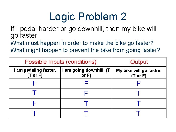 Logic Problem 2 If I pedal harder or go downhill, then my bike will Logic Problem 2 If I pedal harder or go downhill, then my bike will