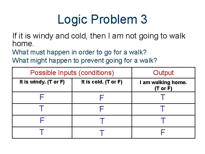 Logic Problem 3 If it is windy and cold, then I am not going Logic Problem 3 If it is windy and cold, then I am not going