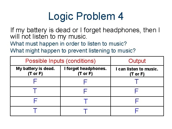 Logic Problem 4 If my battery is dead or I forget headphones, then I