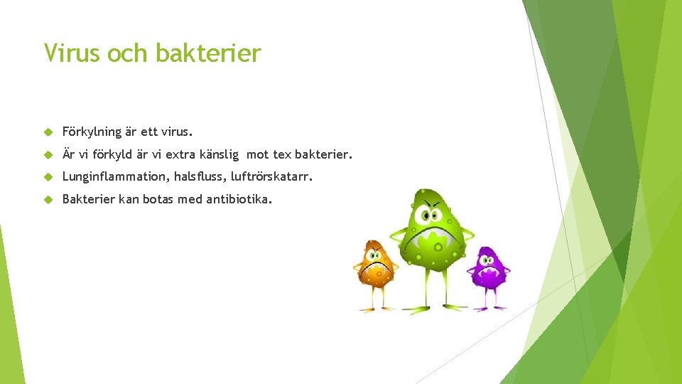 Virus och bakterier Förkylning är ett virus. Är vi förkyld är vi extra känslig