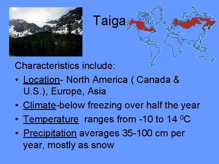 Taiga Characteristics include: • Location- North America ( Canada & U. S. ), Europe,