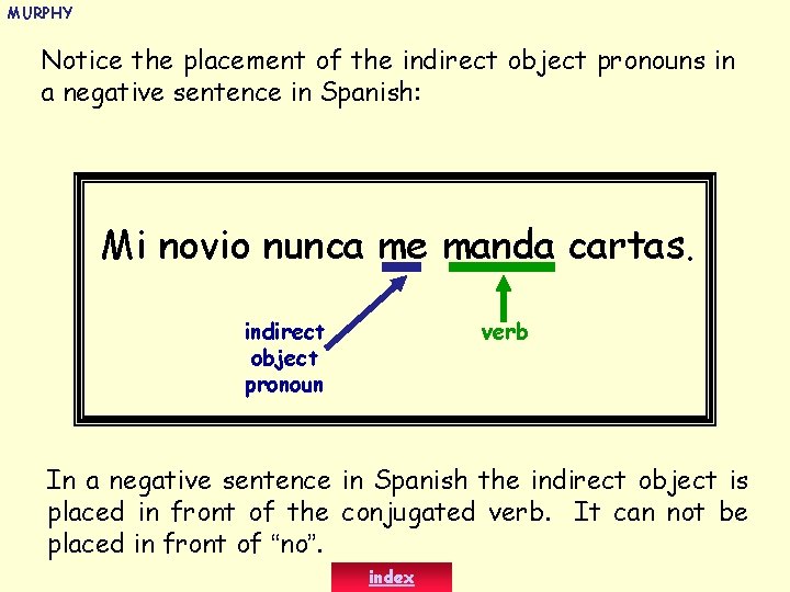 MURPHY Notice the placement of the indirect object pronouns in a negative sentence in