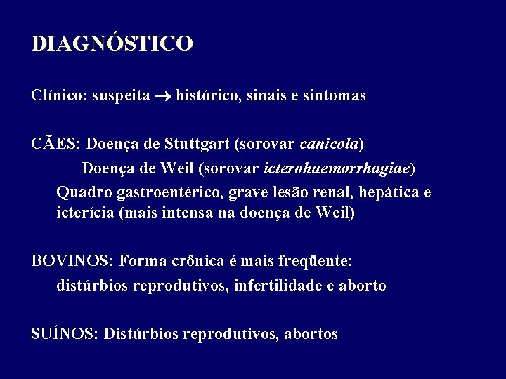 DIAGNÓSTICO Clínico: suspeita histórico, sinais e sintomas CÃES: Doença de Stuttgart (sorovar canicola) Doença