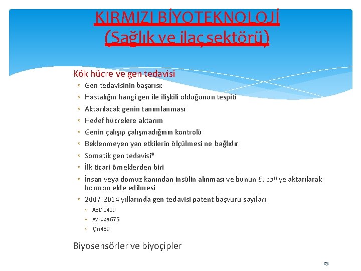 KIRMIZI BİYOTEKNOLOJİ (Sağlık ve ilaç sektörü) Kök hücre ve gen tedavisi Gen tedavisinin başarısı: