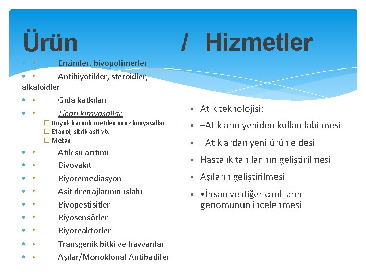 Ürün ▫ Enzimler, biyopolimerler ▫ Antibiyotikler, steroidler, alkaloidler ▫ Gıda katkıları ▫ Ticari kimyasallar