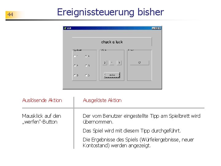 44 Ereignissteuerung bisher Auslösende Aktion Ausgelöste Aktion Mausklick auf den „werfen“-Button Der vom Benutzer