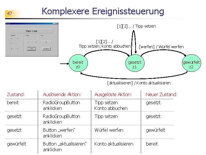 47 Komplexere Ereignissteuerung [1][2]. . . / Tipp setzen; Konto abbuchen bereit z 0