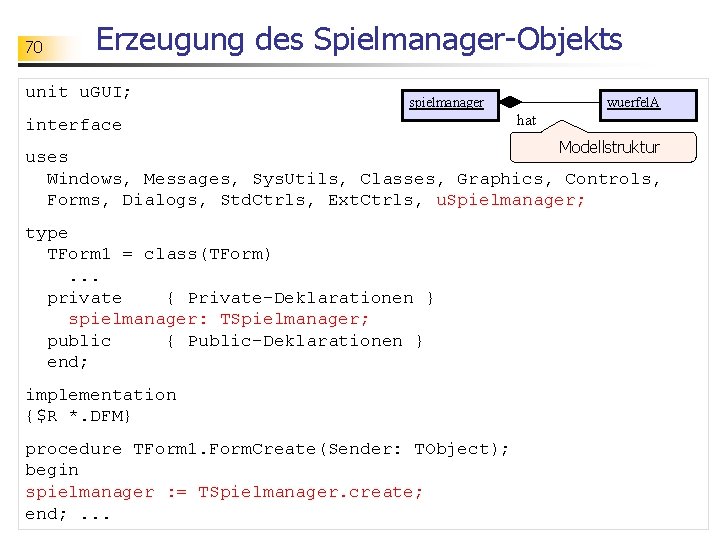 70 Erzeugung des Spielmanager-Objekts unit u. GUI; spielmanager interface wuerfel. A hat Modellstruktur uses