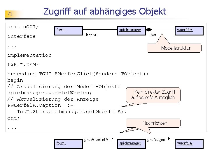 71 Zugriff auf abhängiges Objekt unit u. GUI; form 1 spielmanager kennt interface wuerfel.