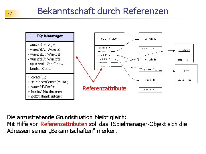 77 Bekanntschaft durch Referenzen TSpielmanager - zustand: integer - wuerfel. A: Wuerfel - wuerfel.