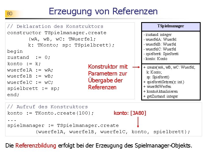 80 Erzeugung von Referenzen // Deklaration des Konstruktors constructor TSpielmanager. create (w. A, w.