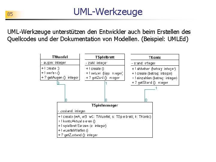 85 UML-Werkzeuge unterstützen den Entwickler auch beim Erstellen des Quellcodes und der Dokumentation von