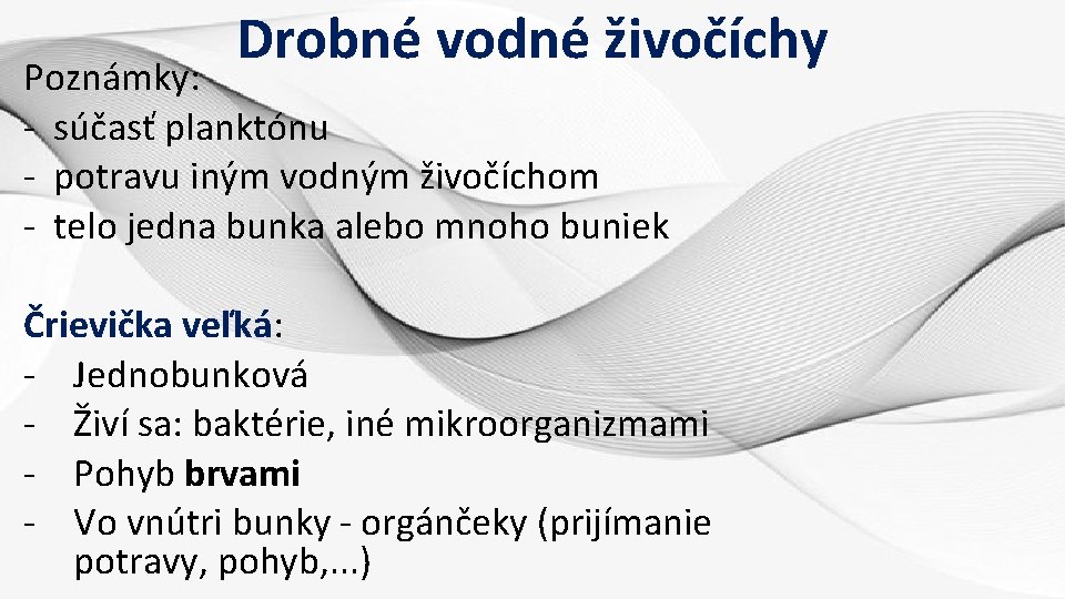 Drobné vodné živočíchy Poznámky: - súčasť planktónu - potravu iným vodným živočíchom - telo