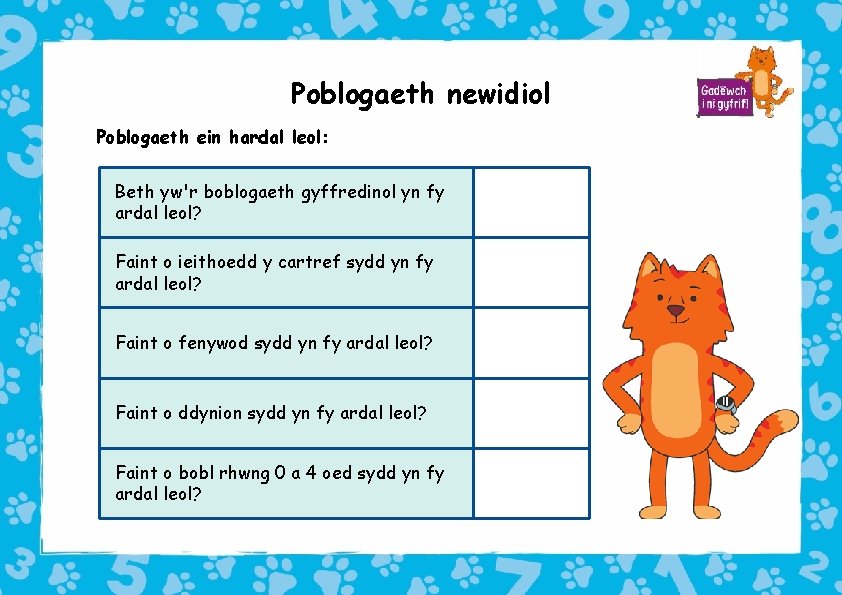 Poblogaeth newidiol Poblogaeth ein hardal leol: Beth yw'r boblogaeth gyffredinol yn fy ardal leol?