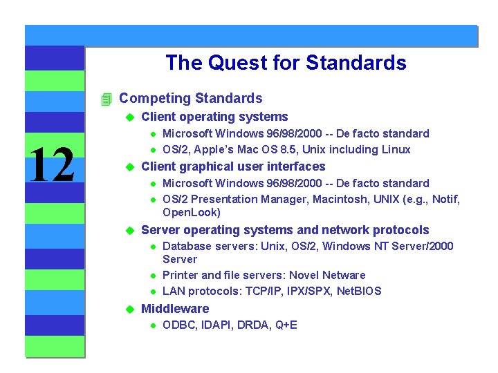 The Quest for Standards 4 Competing Standards u 12 Client operating systems l l