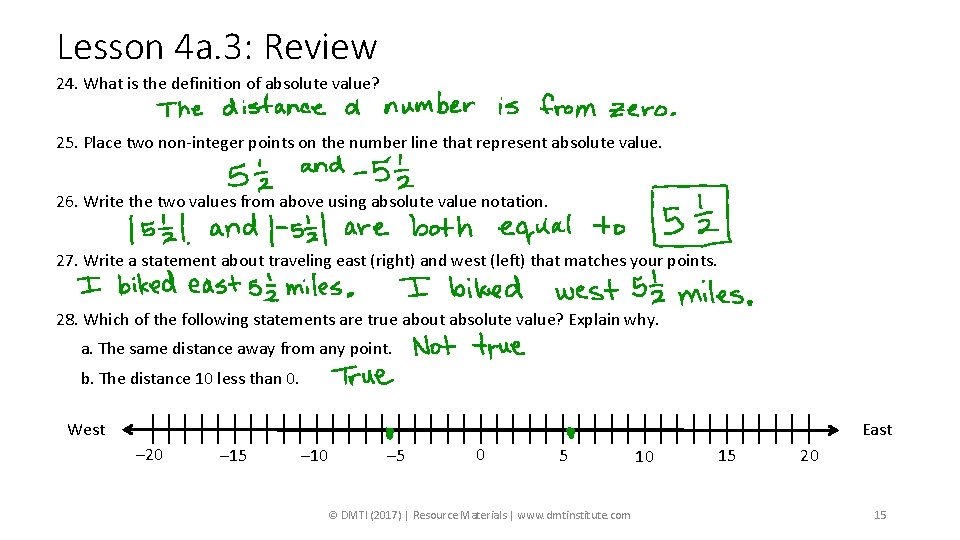 Lesson 4 a. 3: Review 24. What is the definition of absolute value? 25.